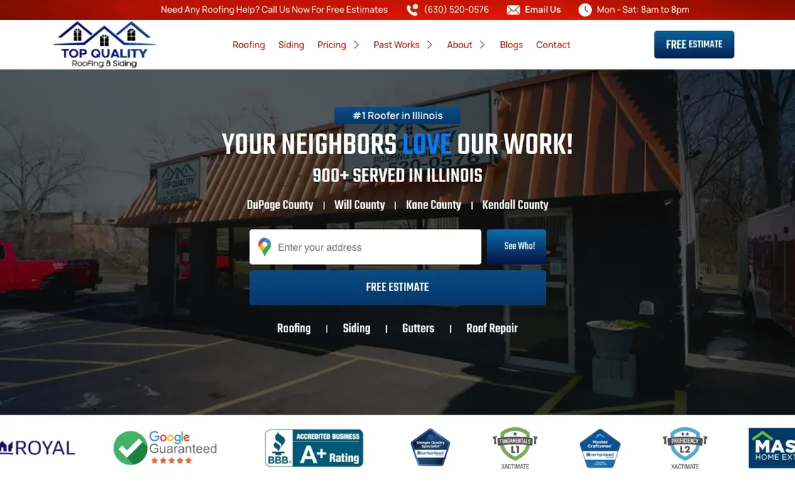 Top Quality Roofing & Siding website desktop