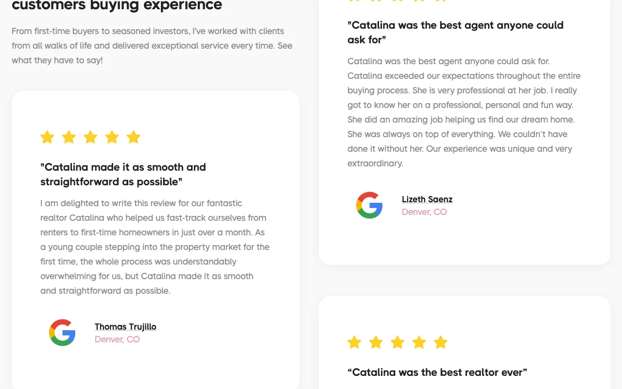 Google reviews surfaced directly on the site — five-star testimonials from Denver buyers and sellers