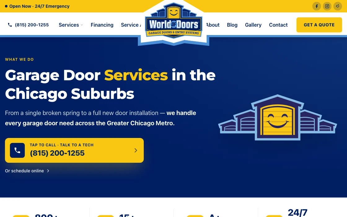 Service architecture rebuilt around real garage-door intent - repair, installation, openers, maintenance, gates, commercial overhead doors, box truck doors, and more